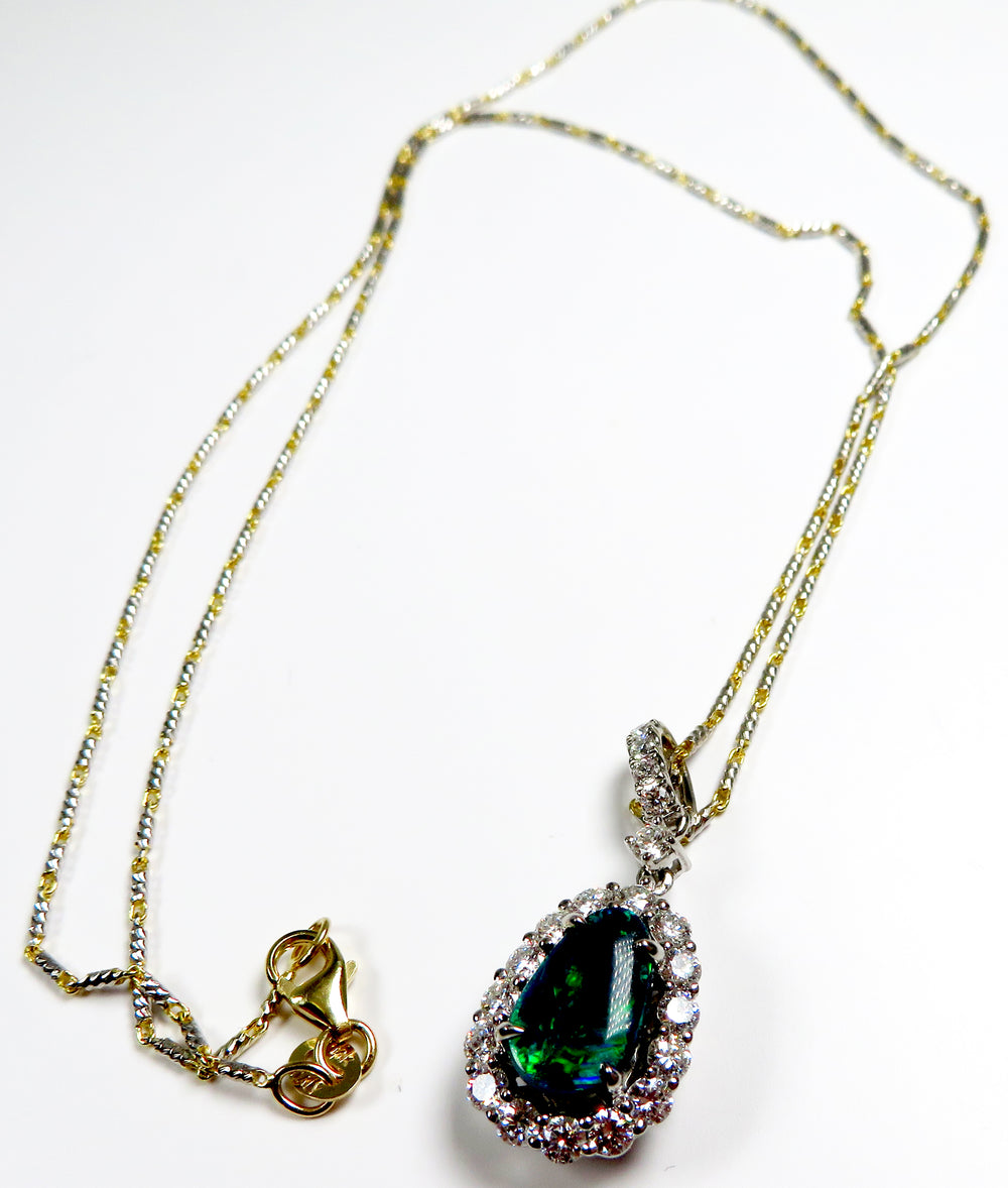 Platinum Black Opal & Diamond Halo Pendant with 14K Two-Tone Bar Link Chain