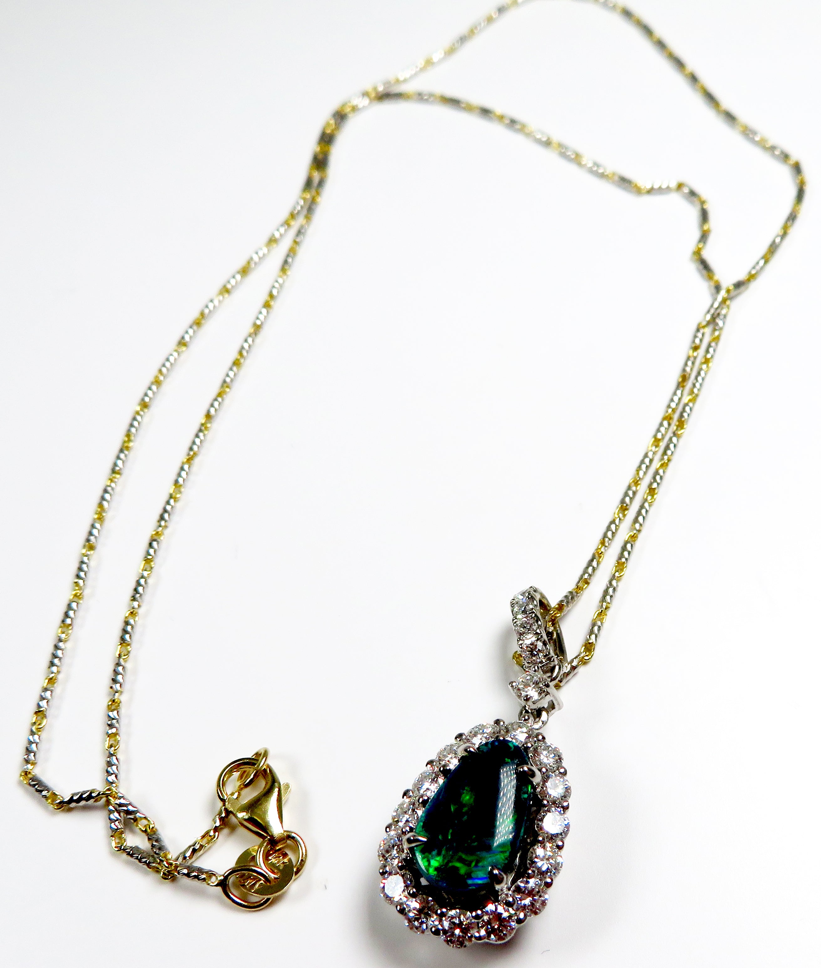 Platinum Black Opal & Diamond Halo Pendant with 14K Two-Tone Bar Link Chain