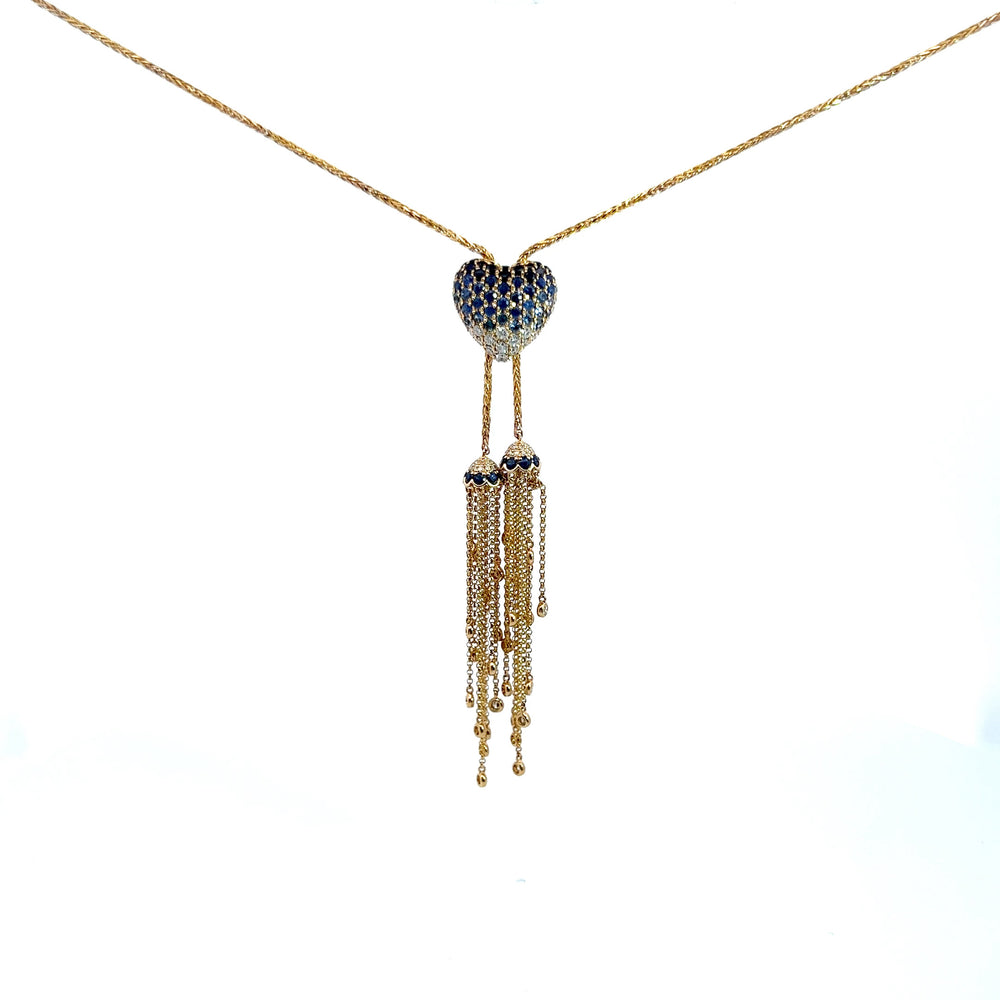 14K Yellow Gold Sapphire & Diamond Heart Tassel Necklace