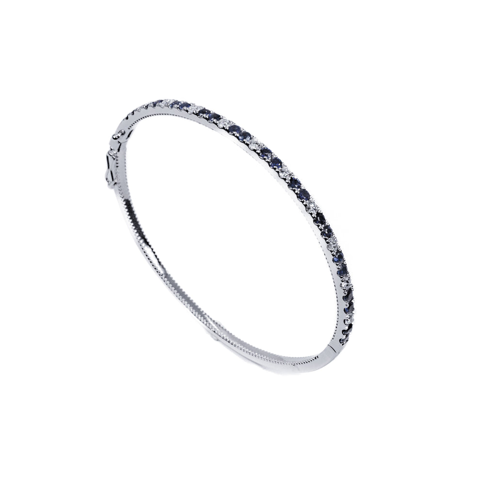14K White Gold Blue Sapphire & Diamond Bangle Bracelet