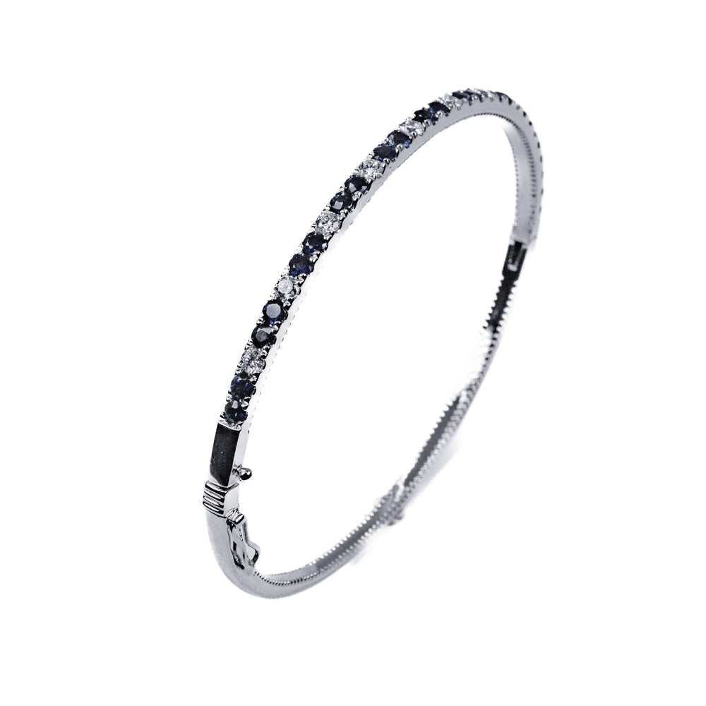 14K White Gold Blue Sapphire & Diamond Bangle Bracelet