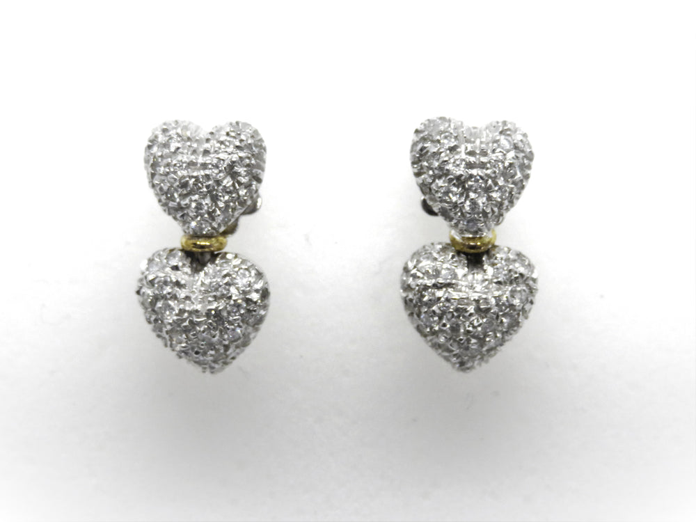 18kt Two Tone Gold Double Heart Diamond Earrings