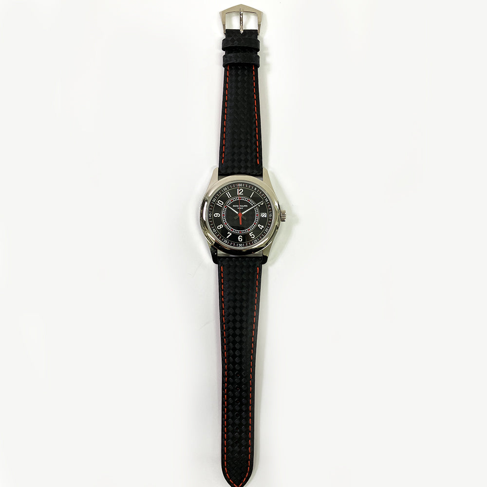 Calatrava 40mm "Carbon" Motif Dial Black Calfskin Strap White Gold 6007G-010