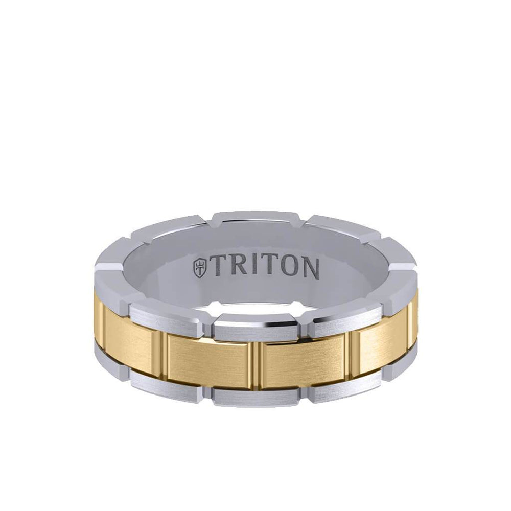14kt Two Tone Gold Art-Carved Triton 7mm Link Style Men's Wedding Band