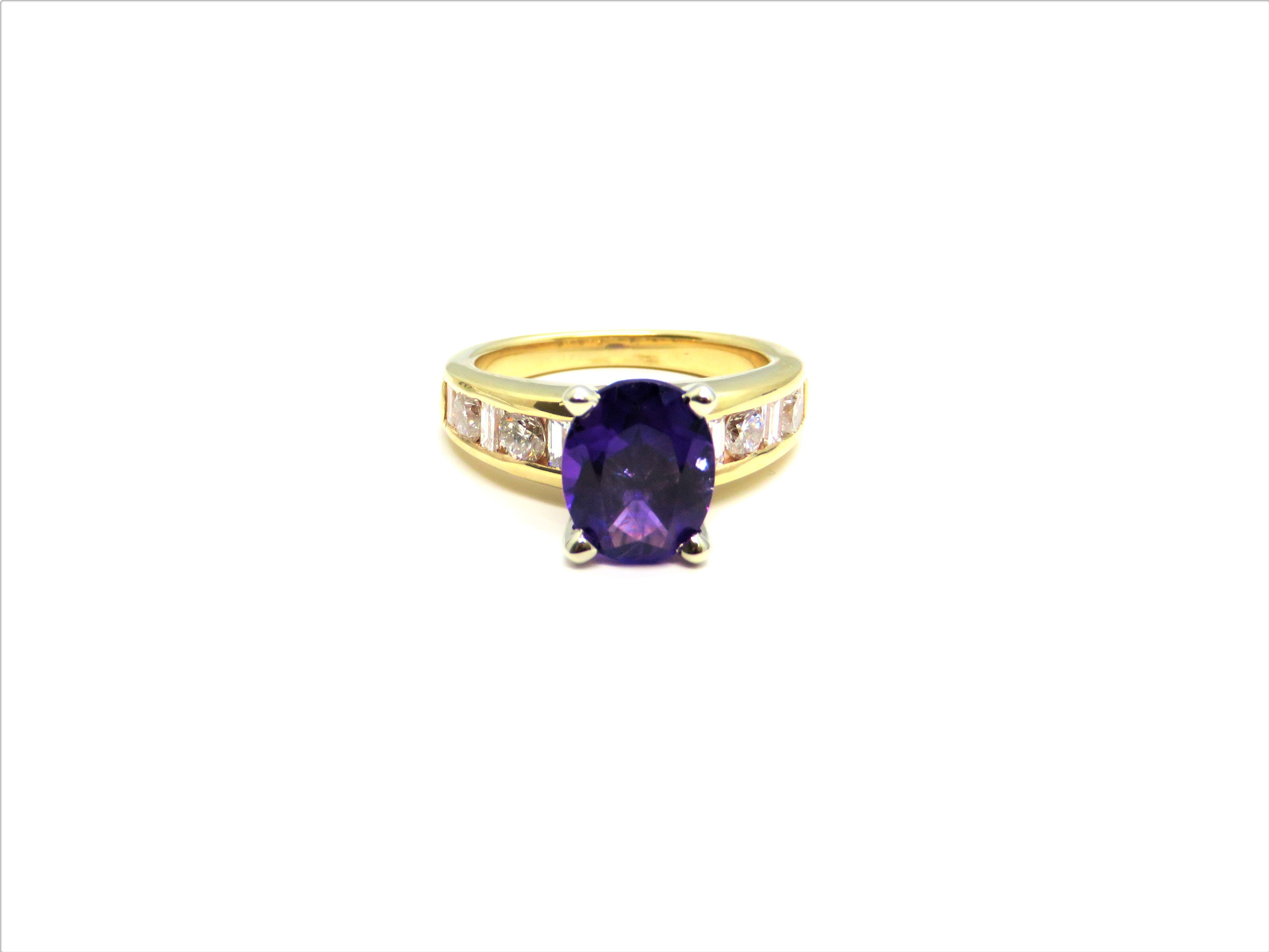 14Kt Yellow Gold Amethyst Fashion Ring with Channel Style Diamonds