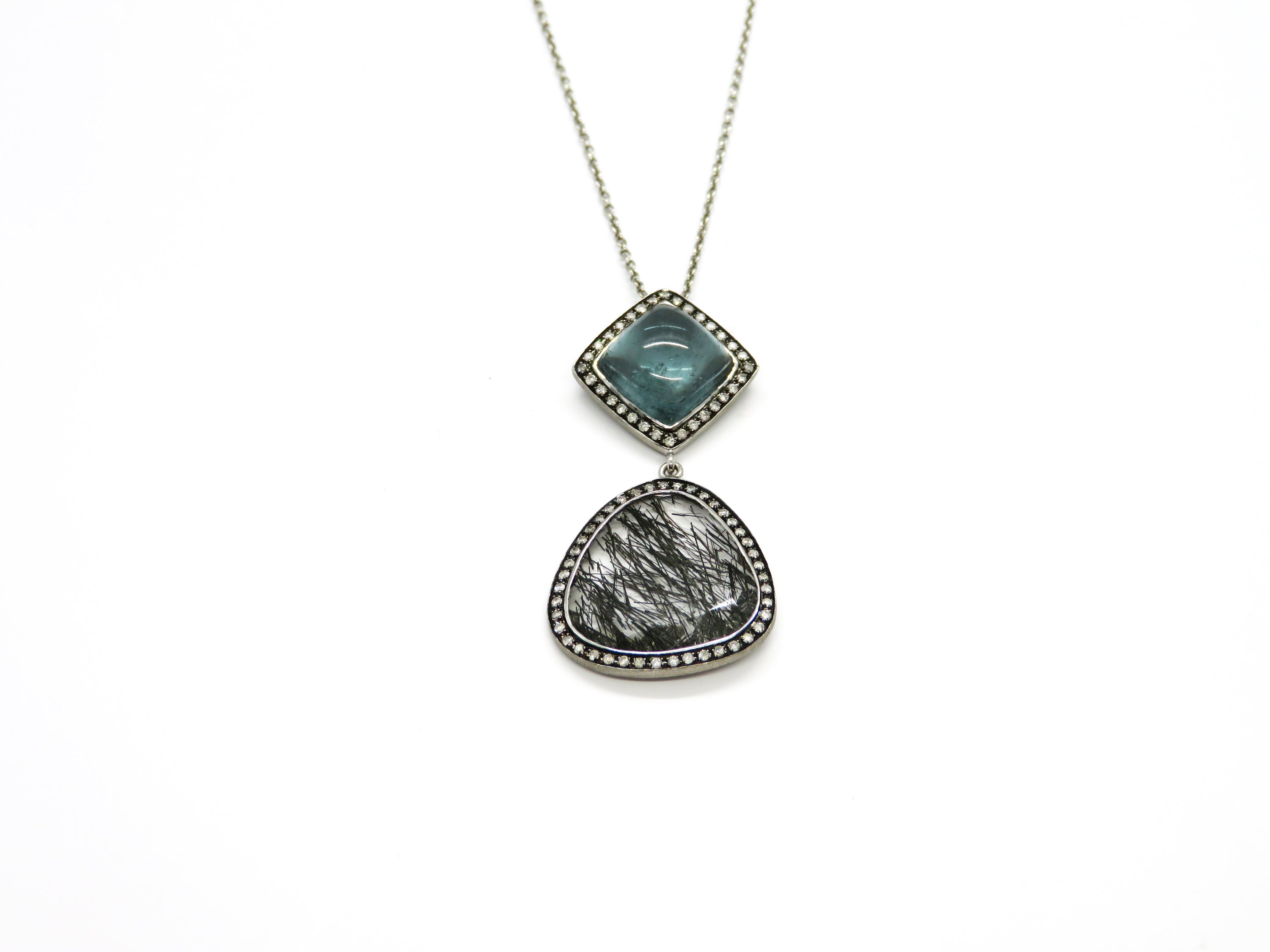 14kt White Gold Jenny Perl Design Tourmalinated Quartz & Blue Topaz Pendant with diamond halo