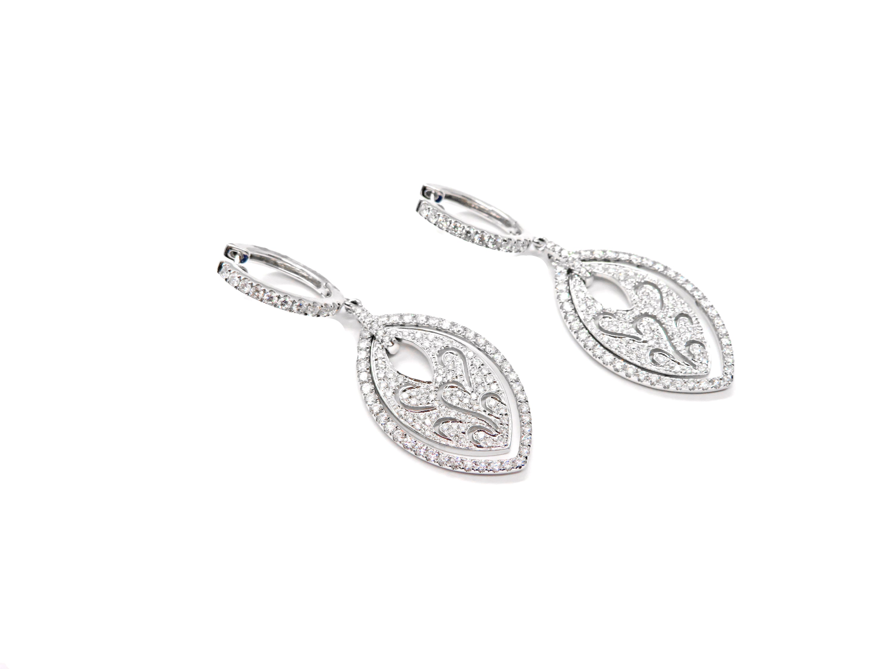 14K White Gold Pavé Diamond Drop Earrings 1.94 Carat Total