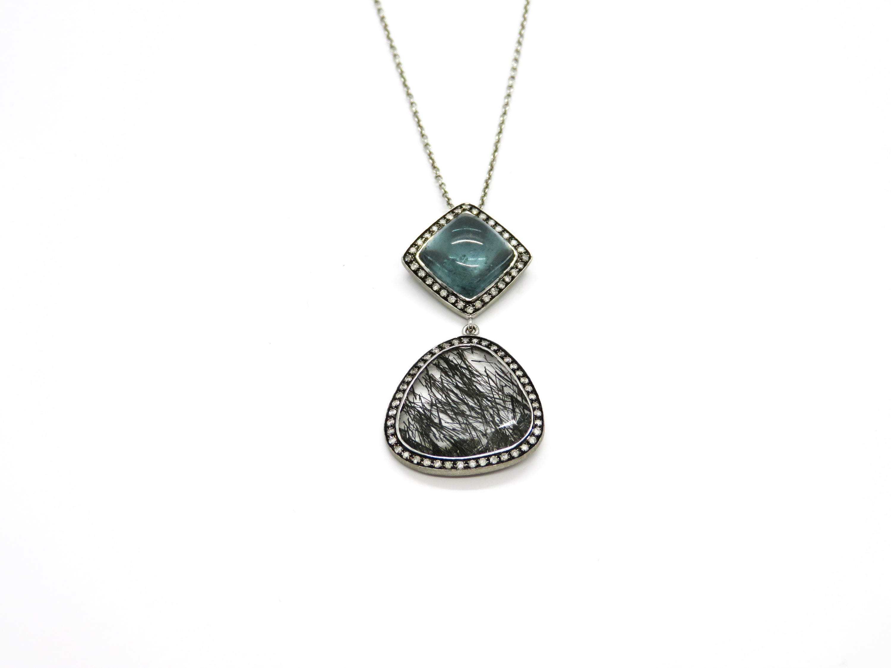 14K White Gold Blue Topaz & Tourmalinated Quartz Double Drop Necklace