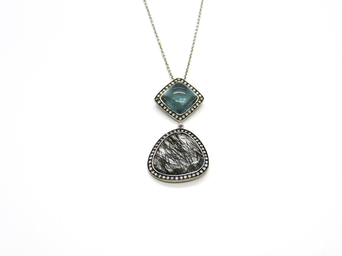 14K White Gold Blue Topaz & Tourmalinated Quartz Double Drop Necklace