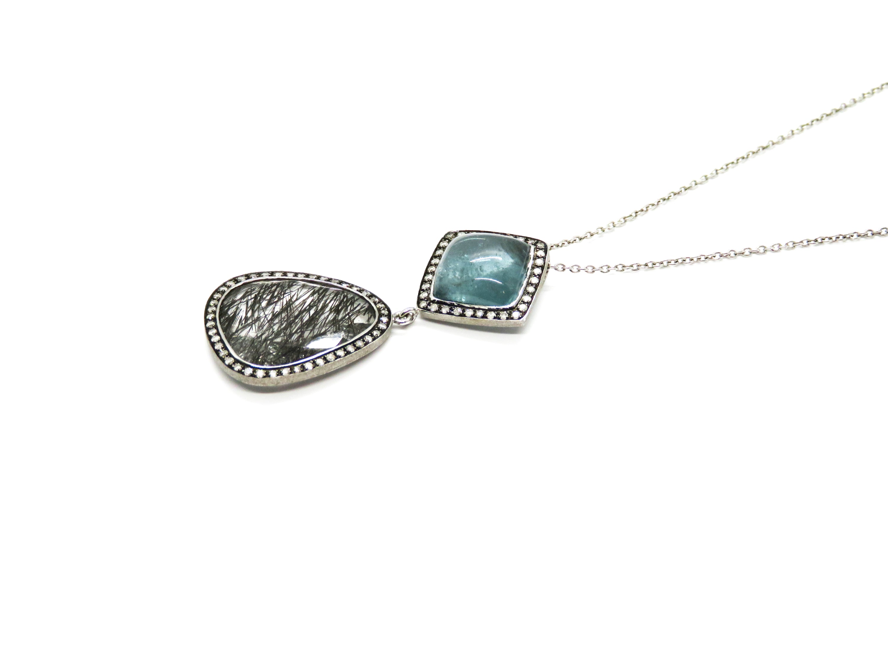 14K White Gold Blue Topaz & Tourmalinated Quartz Double Drop Necklace