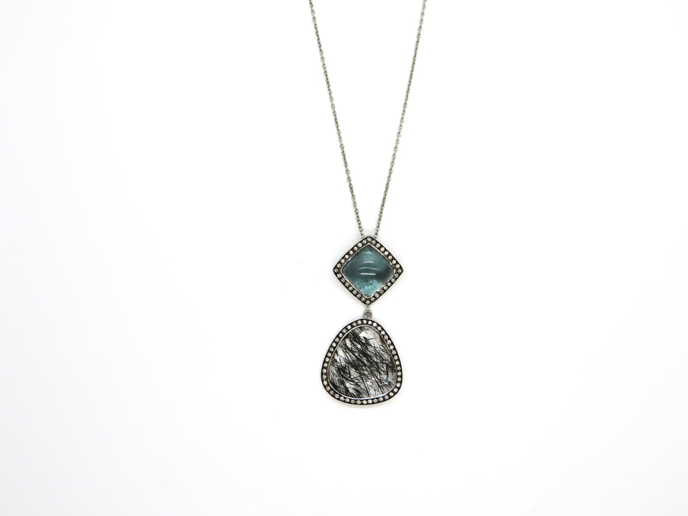 14K White Gold Blue Topaz & Tourmalinated Quartz Double Drop Necklace