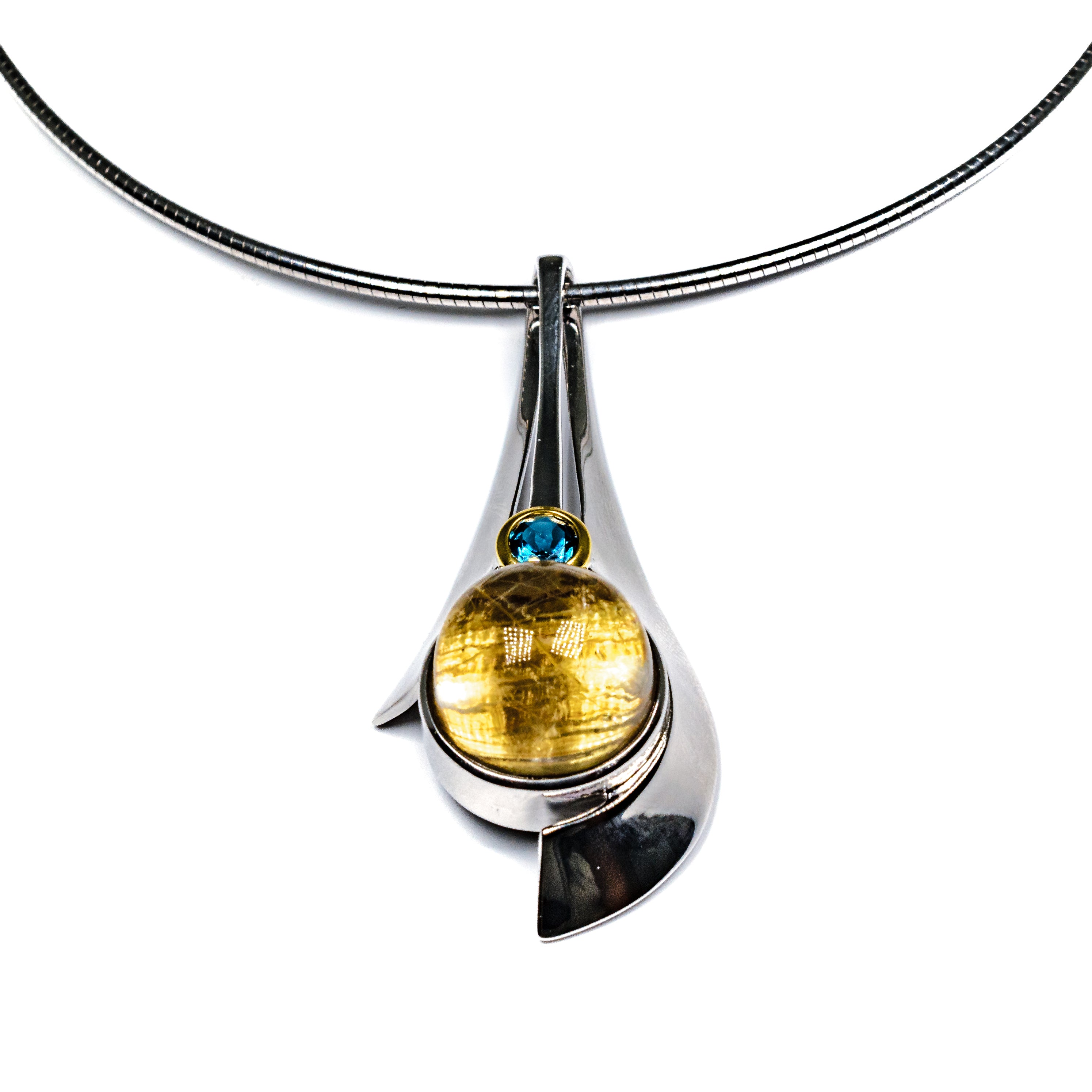 Silver and Gold-Filled Rutilated Quartz with London Blue Topaz Necklace