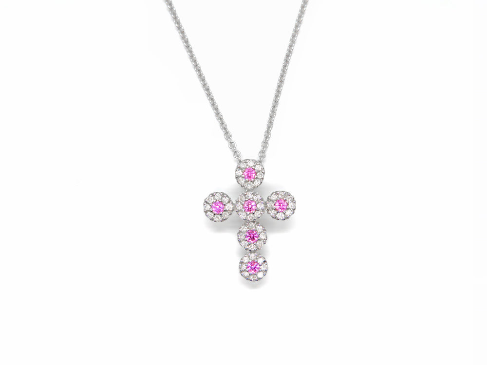 14K White Gold Pink Sapphire & Diamond Cross Necklace