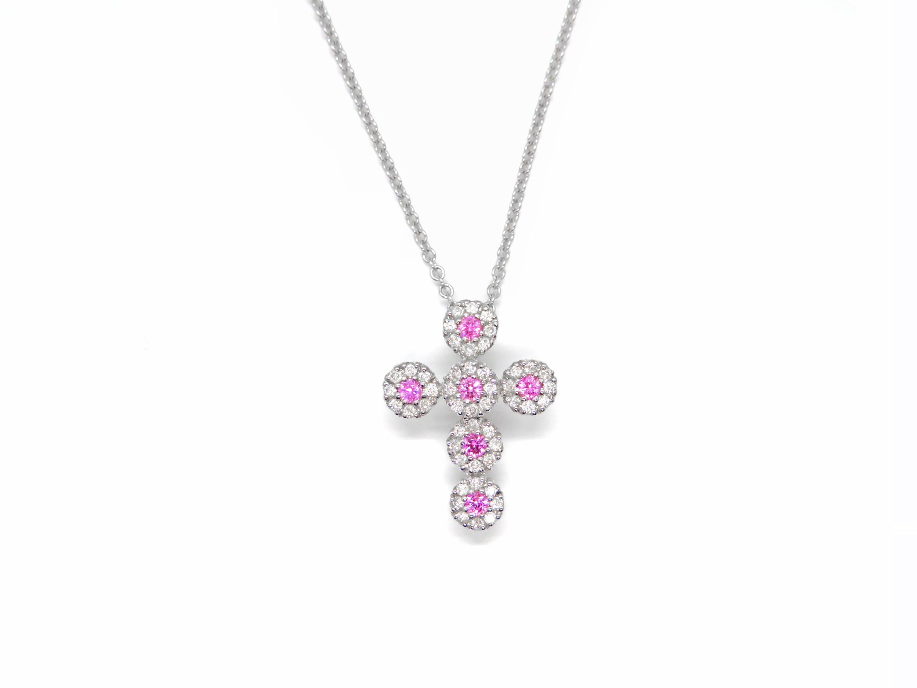 14K White Gold Pink Sapphire & Diamond Cross Necklace