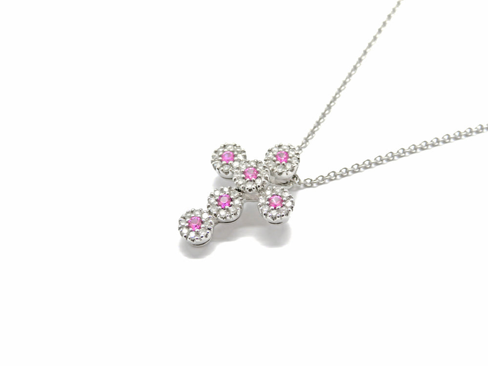 14K White Gold Pink Sapphire & Diamond Cross Necklace
