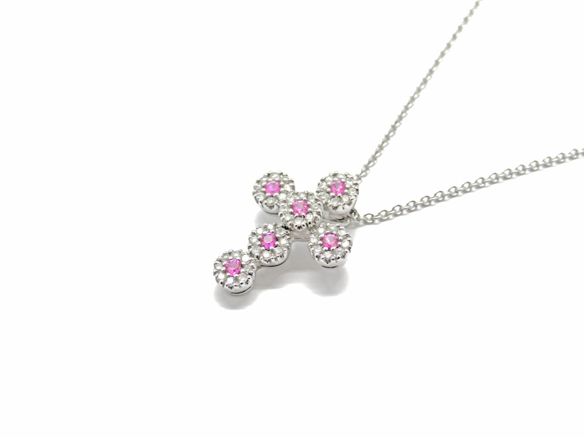 14K White Gold Pink Sapphire & Diamond Cross Necklace