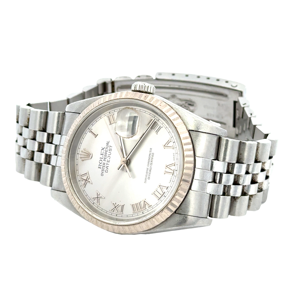Pre-Owned Rolex Datejust 36 Ref. 16234 Silver Roman Jubilee 18K White Gold Box Papers
