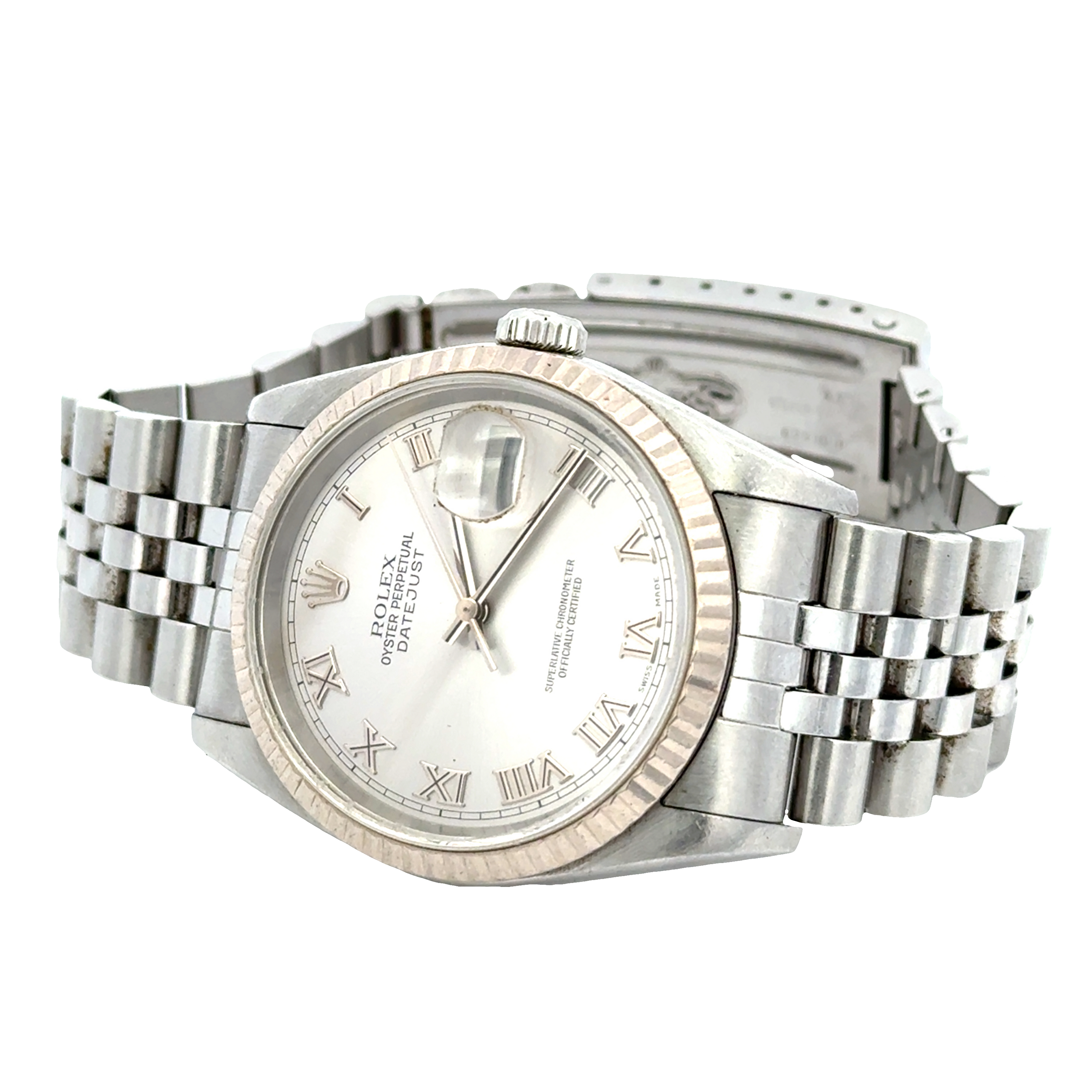Pre-Owned Rolex Datejust 36 Ref. 16234 Silver Roman Jubilee 18K White Gold Box Papers