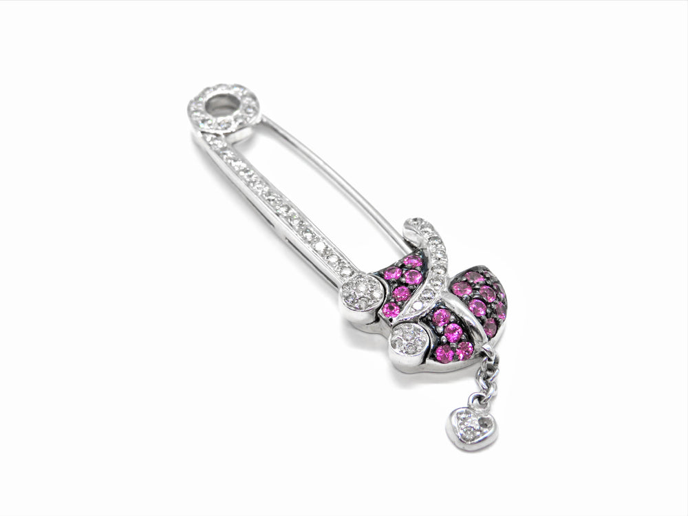 18K White Gold Diamond & Pink Sapphire Ladybug Safety Pin Brooch