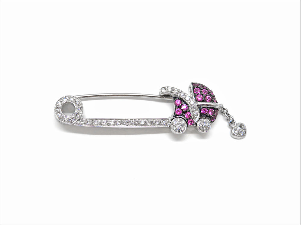 18K White Gold Diamond & Pink Sapphire Ladybug Safety Pin Brooch