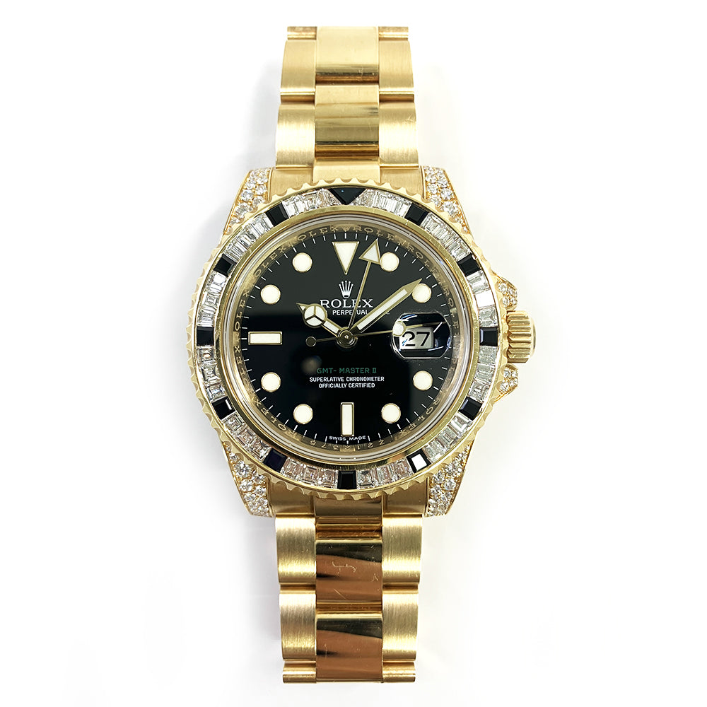 GMT-Master II 40mm Diamond & Black Sapphire Bezel Diamond Lugs  Yellow Gold 116758SANR