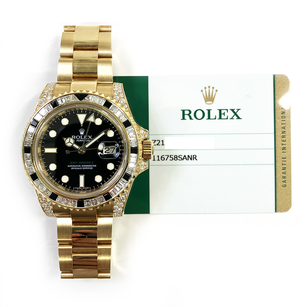 GMT-Master II 40mm Diamond & Black Sapphire Bezel Diamond Lugs  Yellow Gold 116758SANR