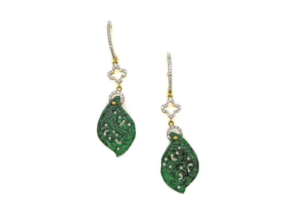 18K Yellow Gold Carved Green Jade & Diamond Drop Earrings