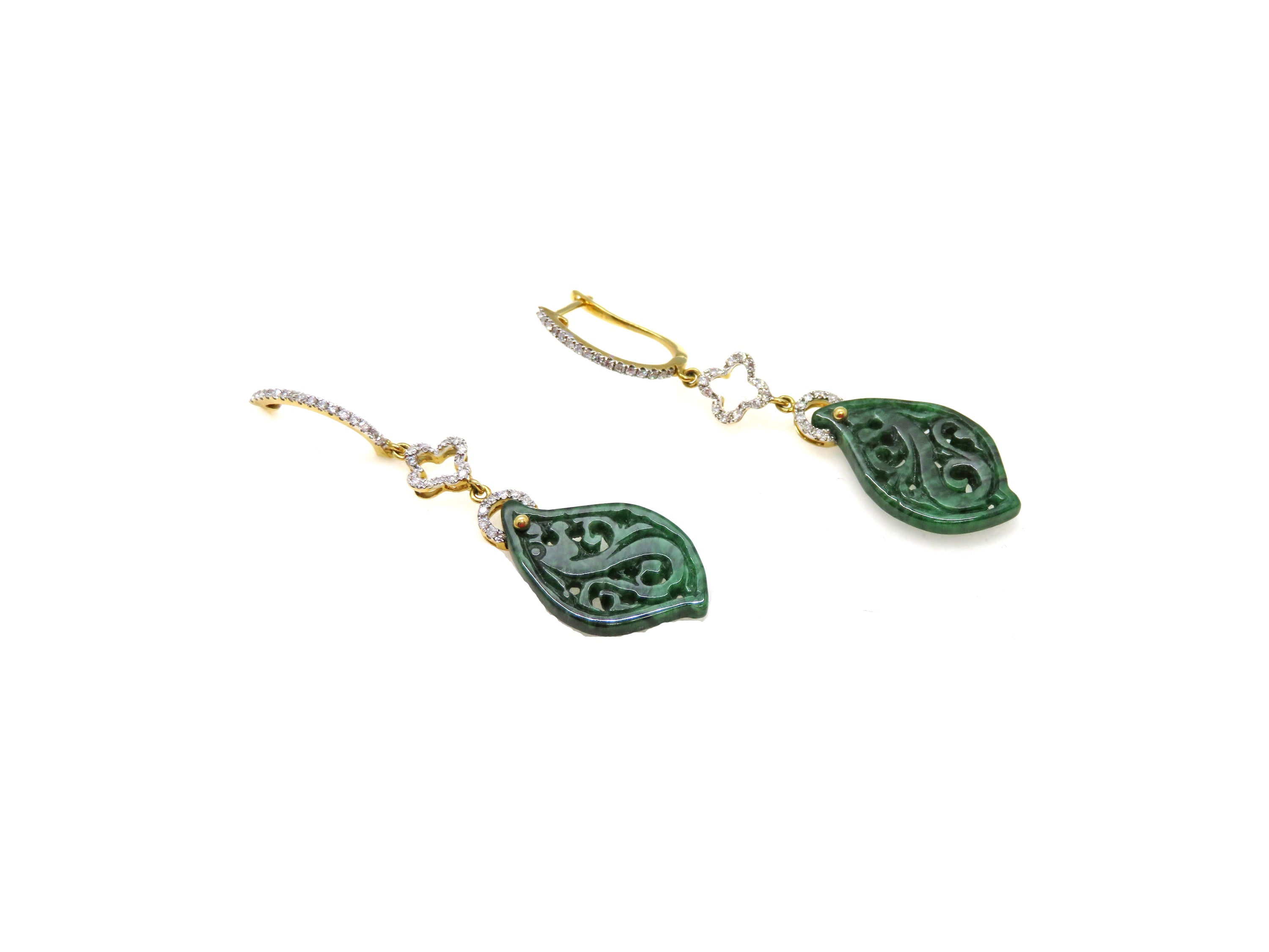 18K Yellow Gold Carved Green Jade & Diamond Drop Earrings