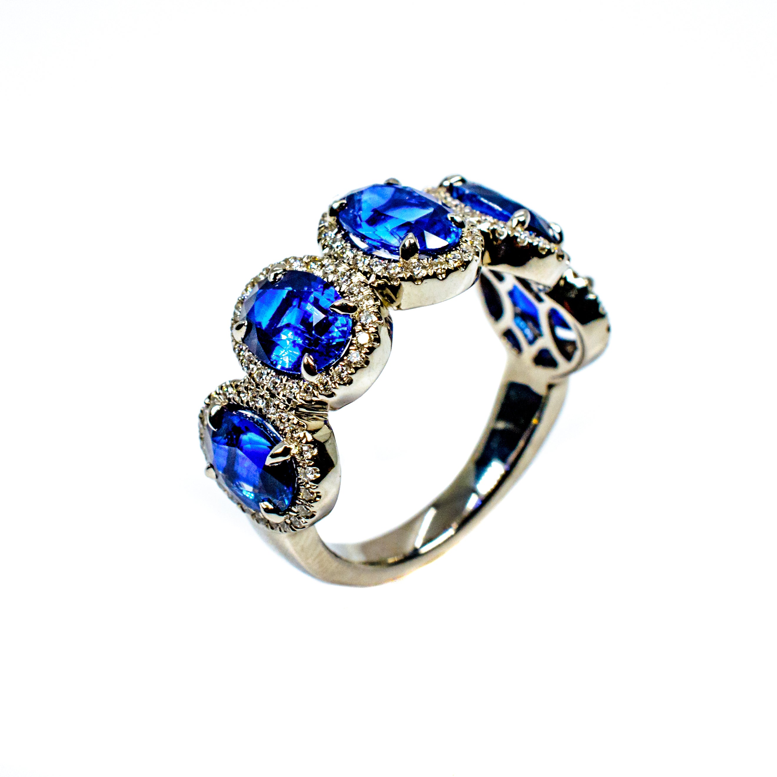 Platinum Five Oval Blue Sapphire & Diamond Halo Ring