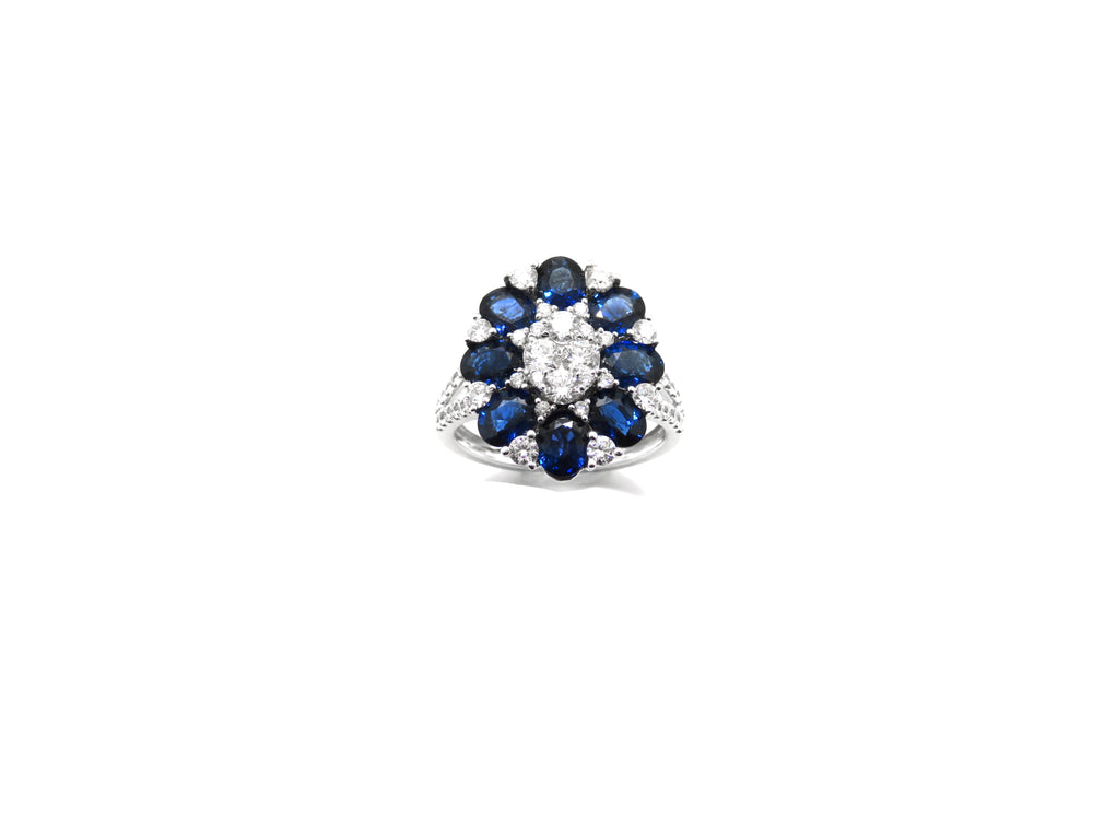 18K White Gold Diamond & Blue Sapphire Flower Ring
