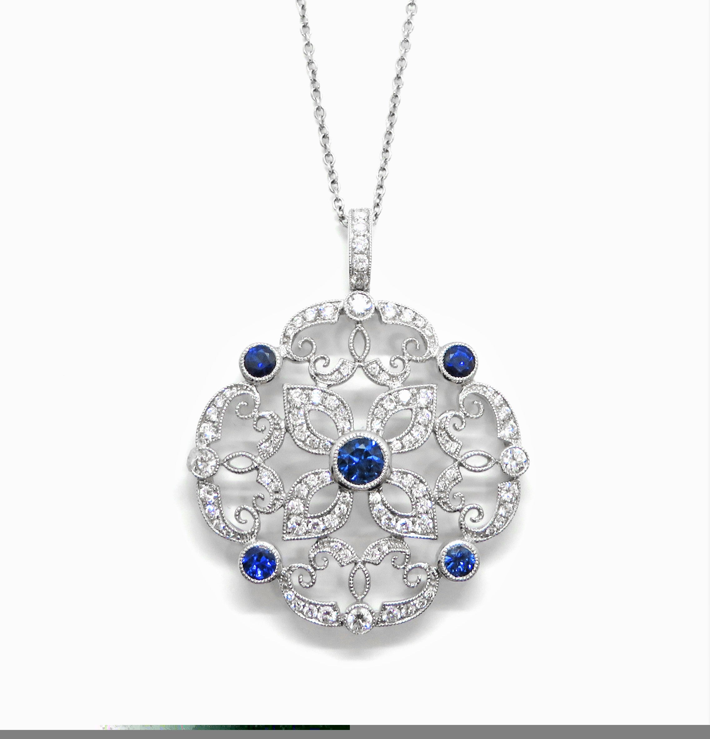 18K White Gold Sapphire & Diamond Filigree Pendant Necklace
