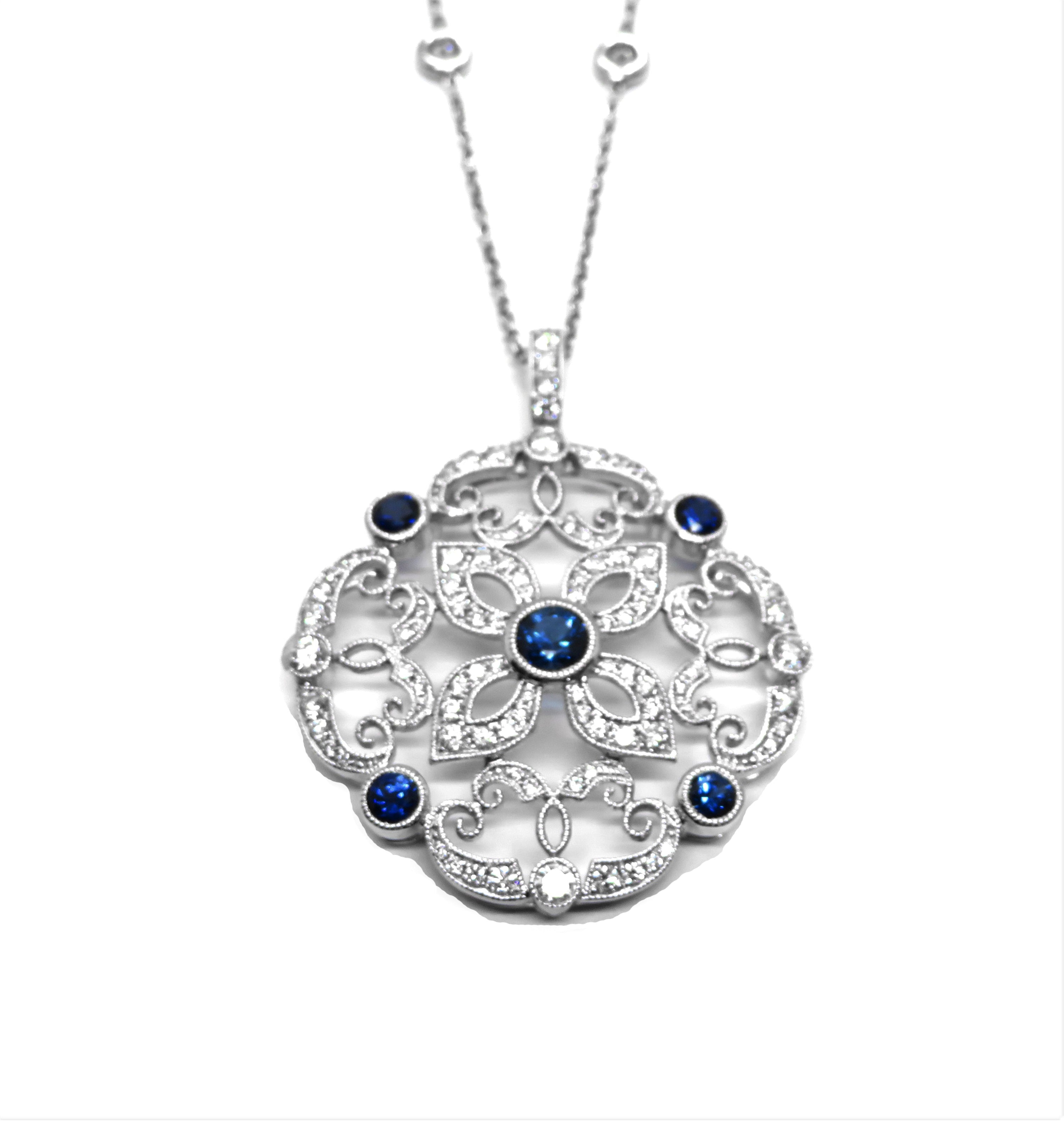 18K White Gold Sapphire & Diamond Filigree Pendant Necklace