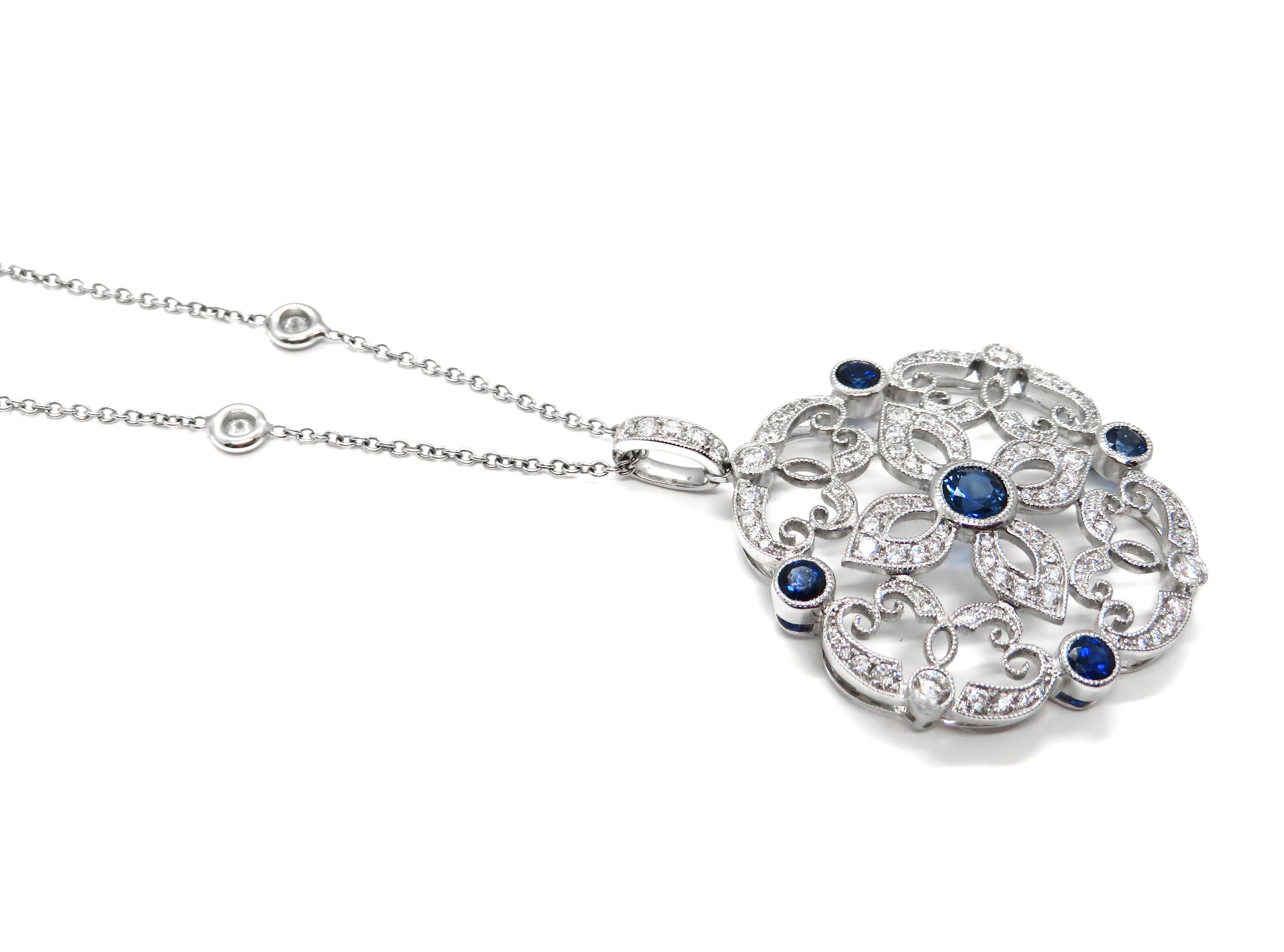 18K White Gold Sapphire & Diamond Filigree Pendant Necklace