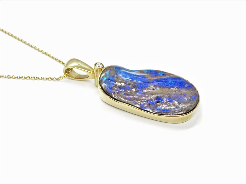 18K Yellow Gold Boulder Opal & Diamond Necklace