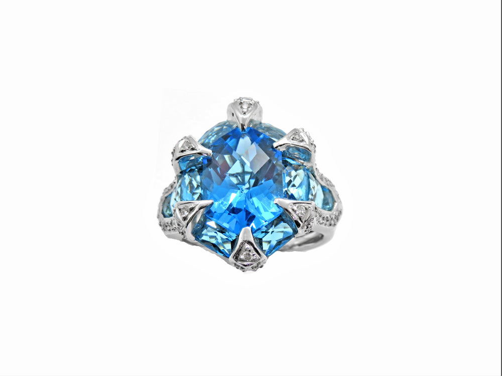 18K White Gold Swiss Blue Topaz & Diamond Ring