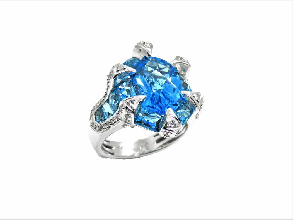 18K White Gold Swiss Blue Topaz & Diamond Ring