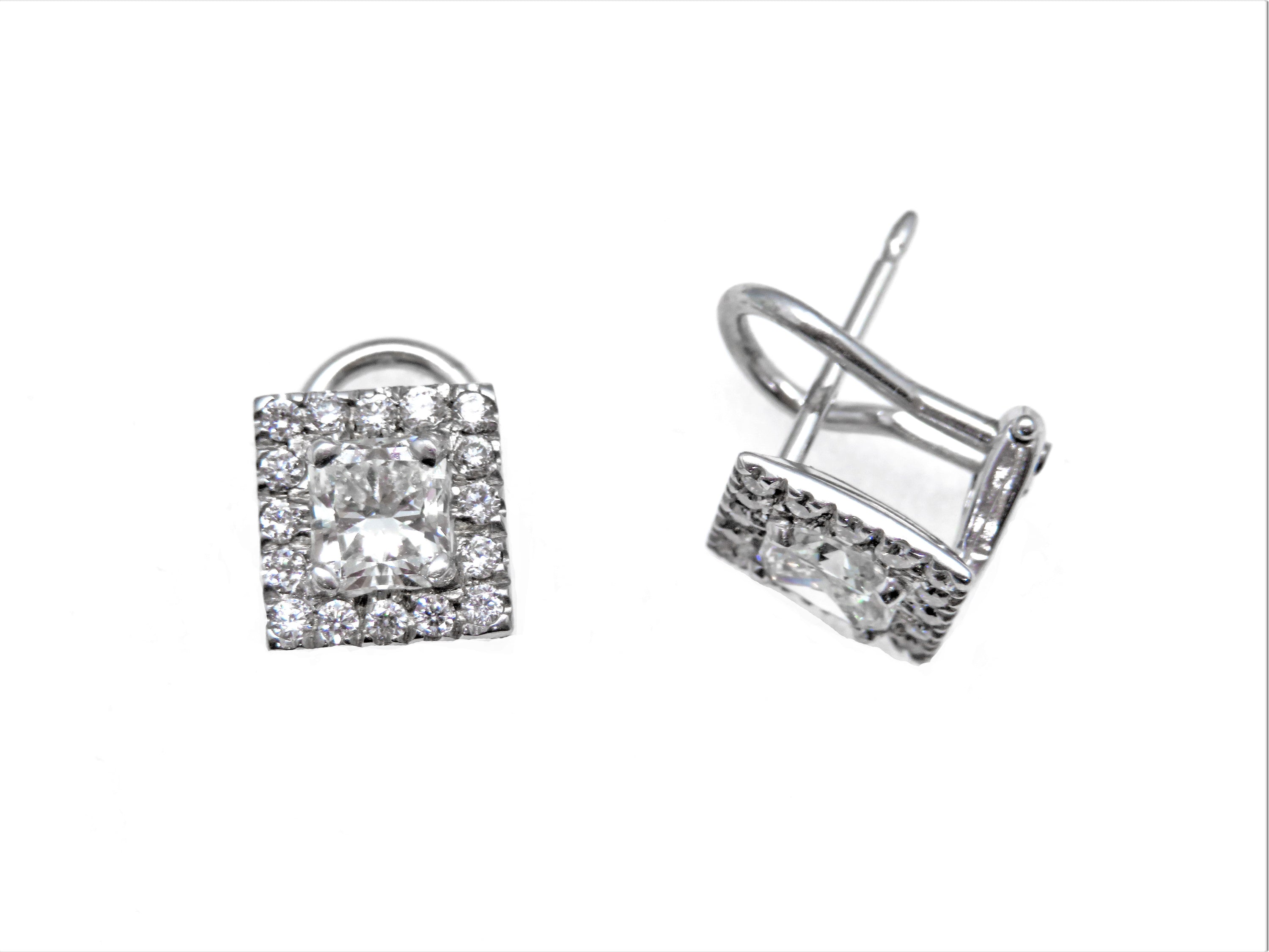 14K White Gold Princess Cut Diamond Halo Stud Earrings