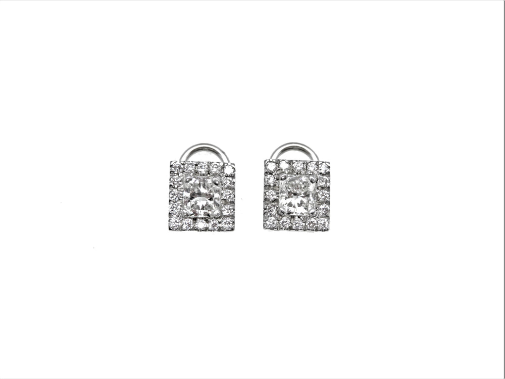 14K White Gold Princess Cut Diamond Halo Stud Earrings