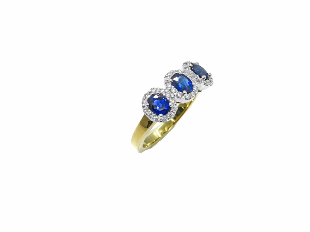 18K Yellow Gold Blue Sapphire & Diamond Three-Stone Ring
