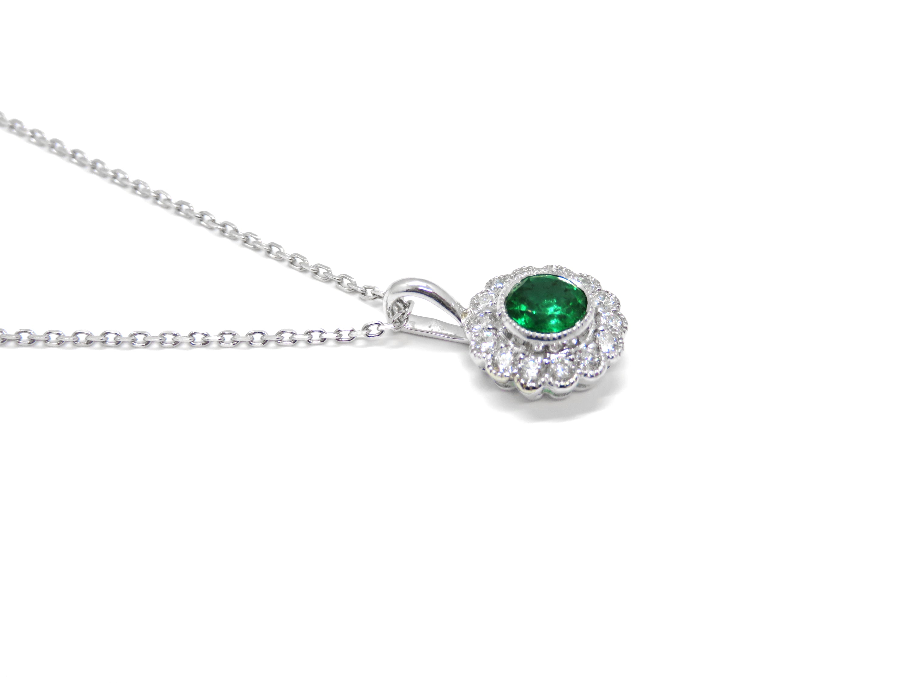 14K White Gold Emerald & Diamond Halo Pendant Necklace