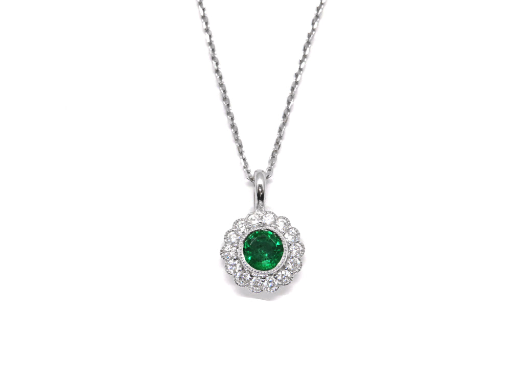 14K White Gold Emerald & Diamond Halo Pendant Necklace
