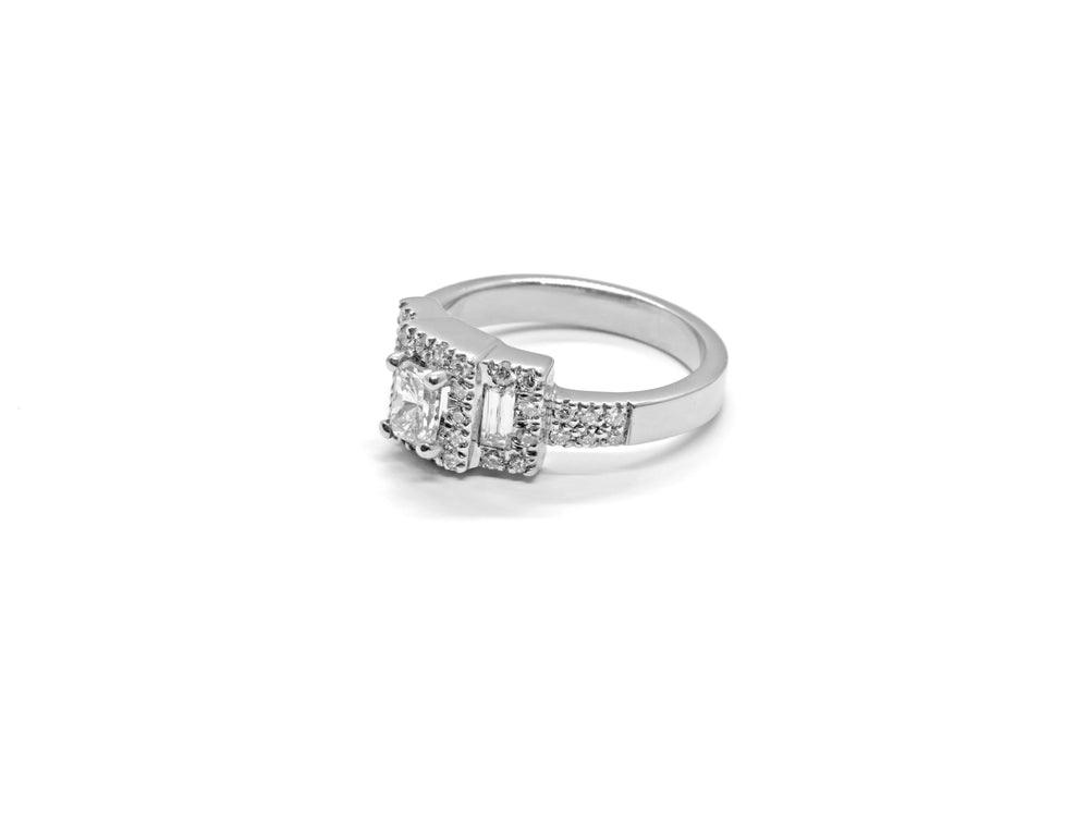 Platinum Radiant & Baguette Diamond Three-Stone Halo Engagement Ring
