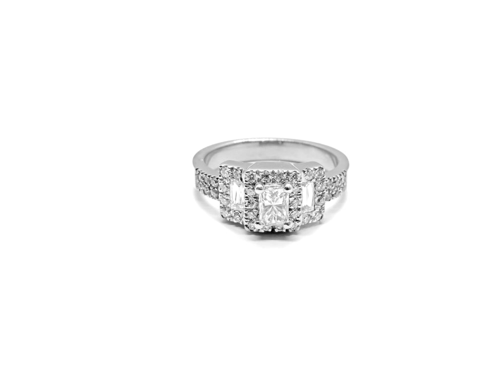 Platinum Radiant & Baguette Diamond Three-Stone Halo Engagement Ring