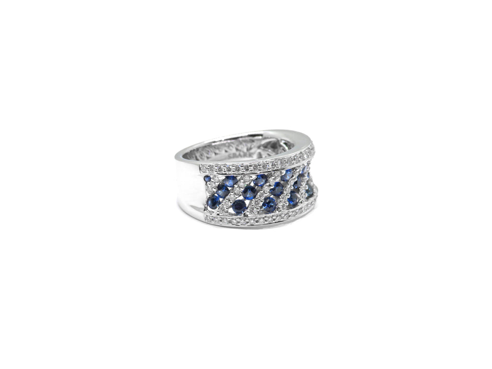 18K White Gold Blue Sapphire & Diamond Wide Band Ring