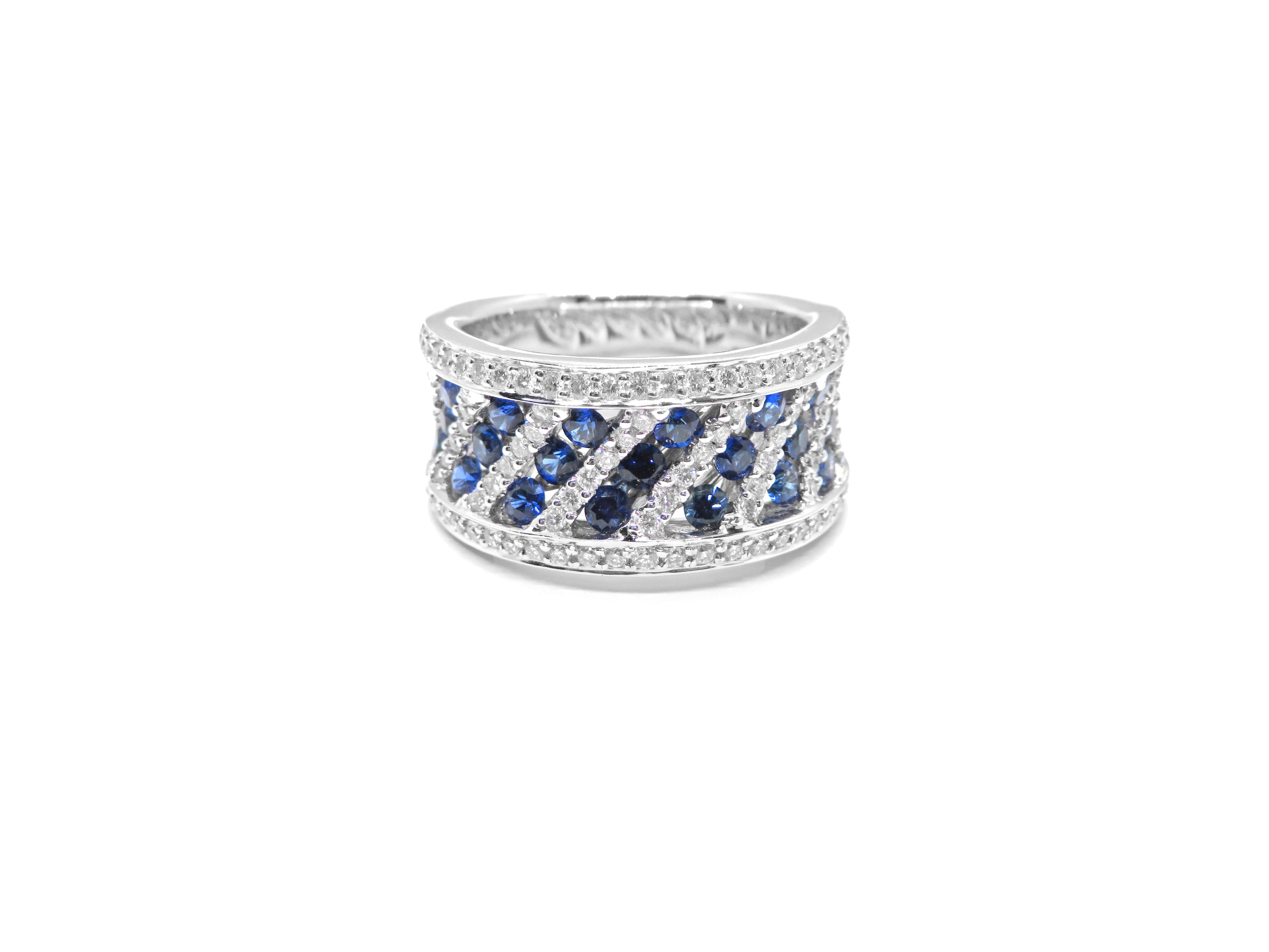 18K White Gold Blue Sapphire & Diamond Wide Band Ring