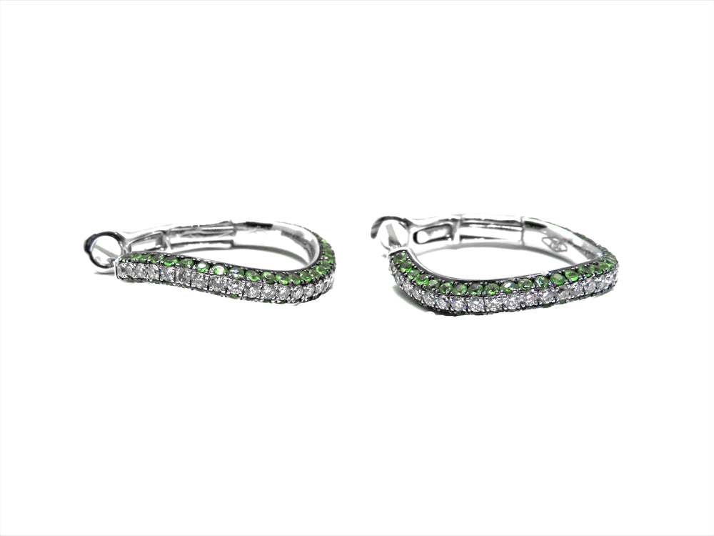 18K White Gold Green Tsavorite and Diamond Hoop Earrings