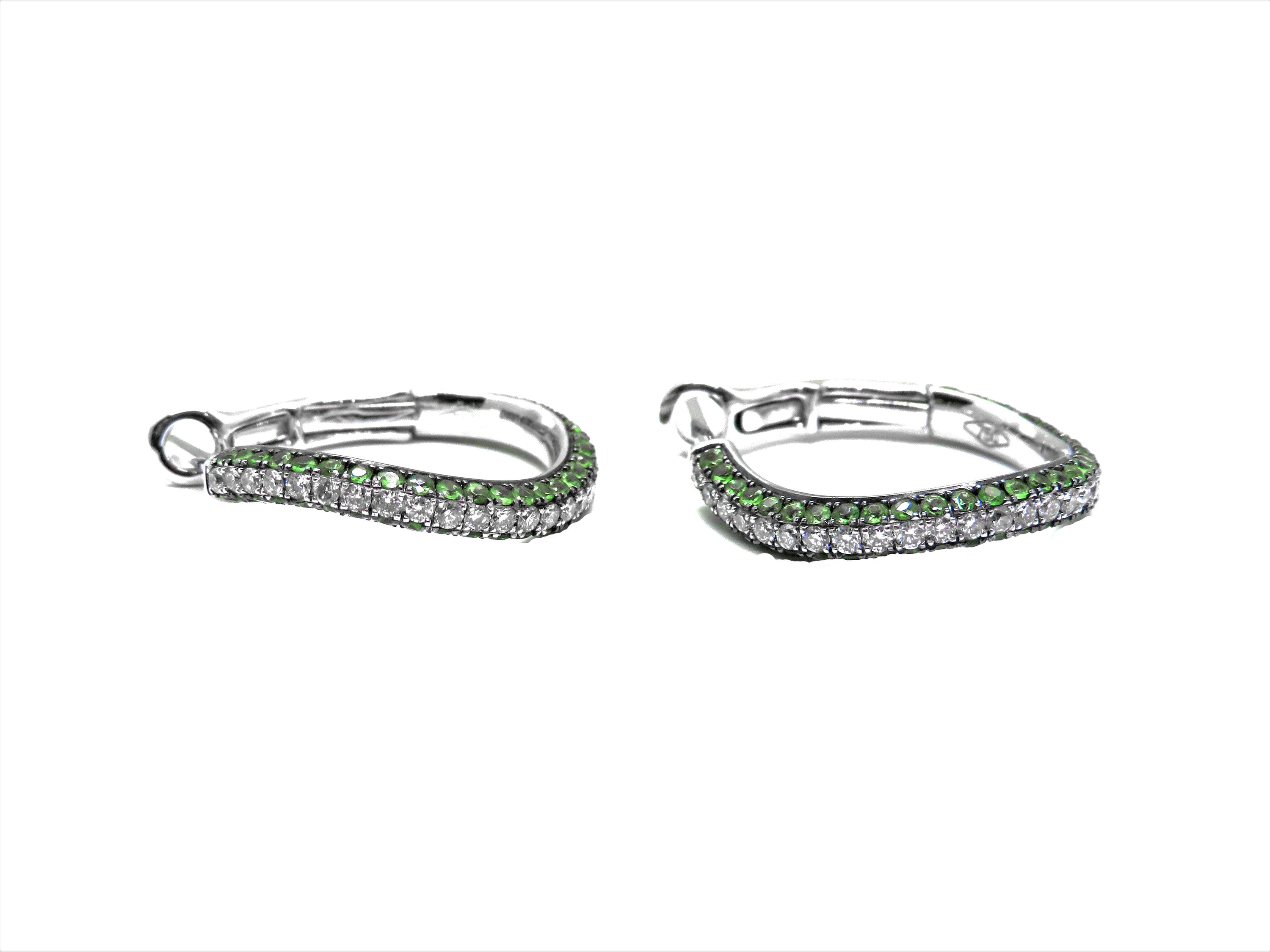 18K White Gold Green Tsavorite and Diamond Hoop Earrings