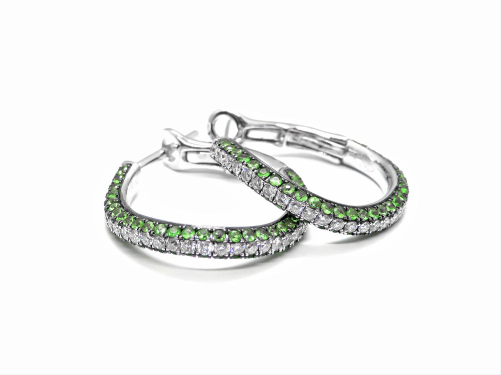 18K White Gold Green Tsavorite and Diamond Hoop Earrings