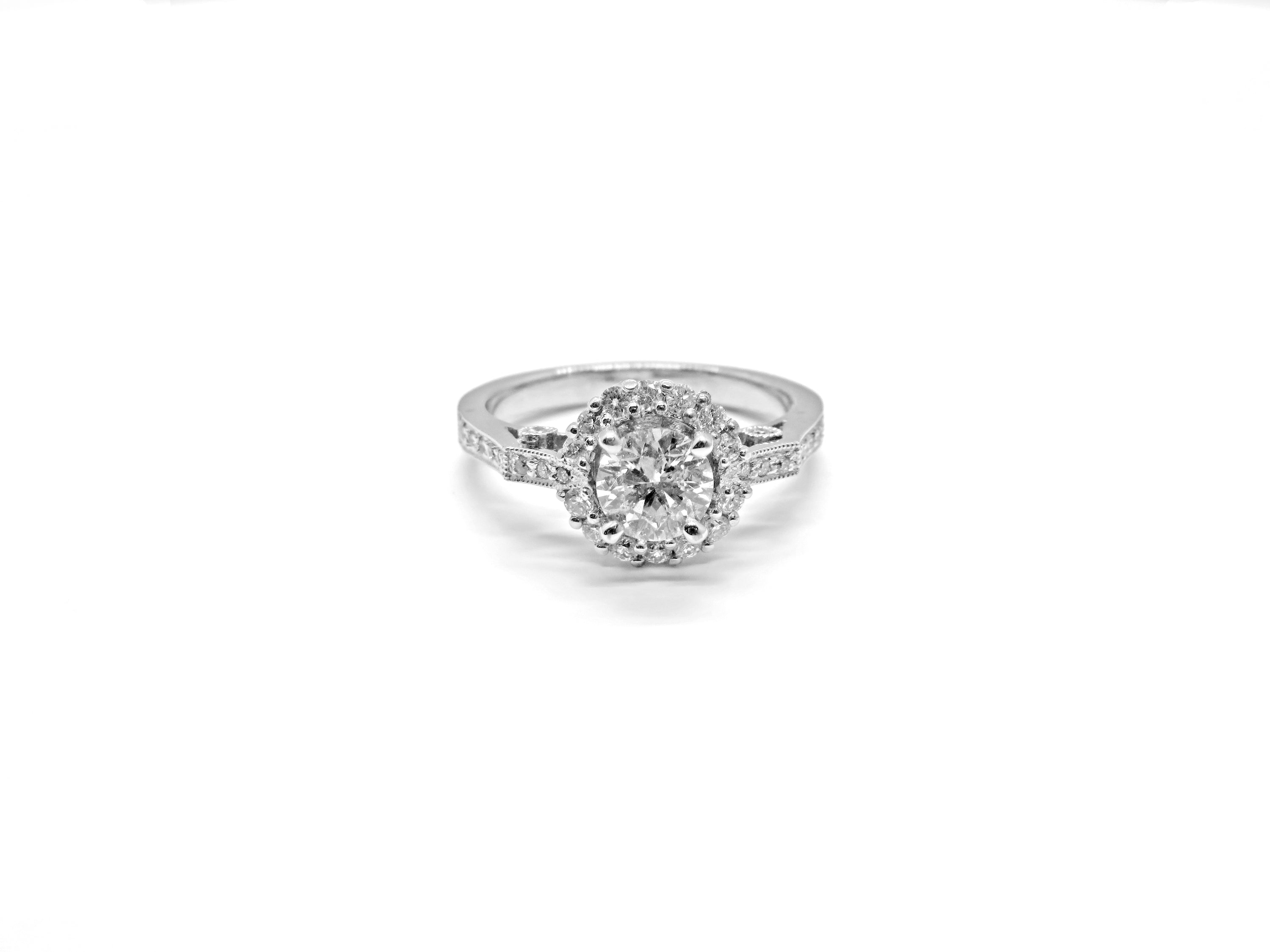 14kt White Gold Round Brilliant Cut Diamond Engagement Ring with Halo Motif