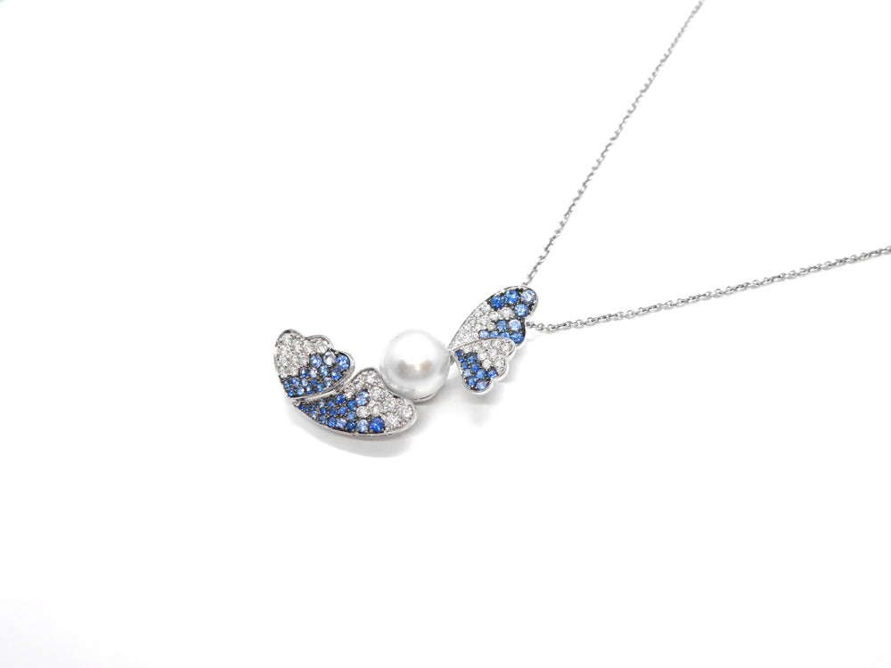 18K White Gold Pearl, Diamond & Blue Sapphire Butterfly Necklace
